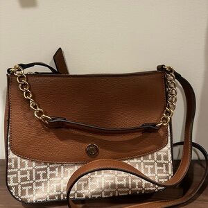 Tommy Hilfiger Brown Leather-Trim Logo-Print Crossbody Bag
